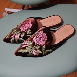 Velvet Mules with Pink Floral Embroidery